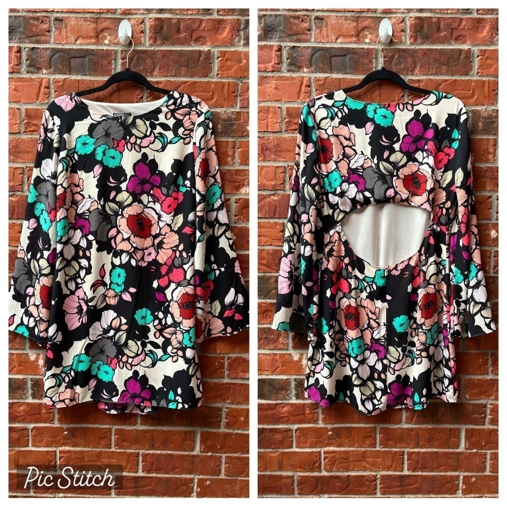Express Womens 12 Floral Boho Flare Sleeve Open Back Mini Dress